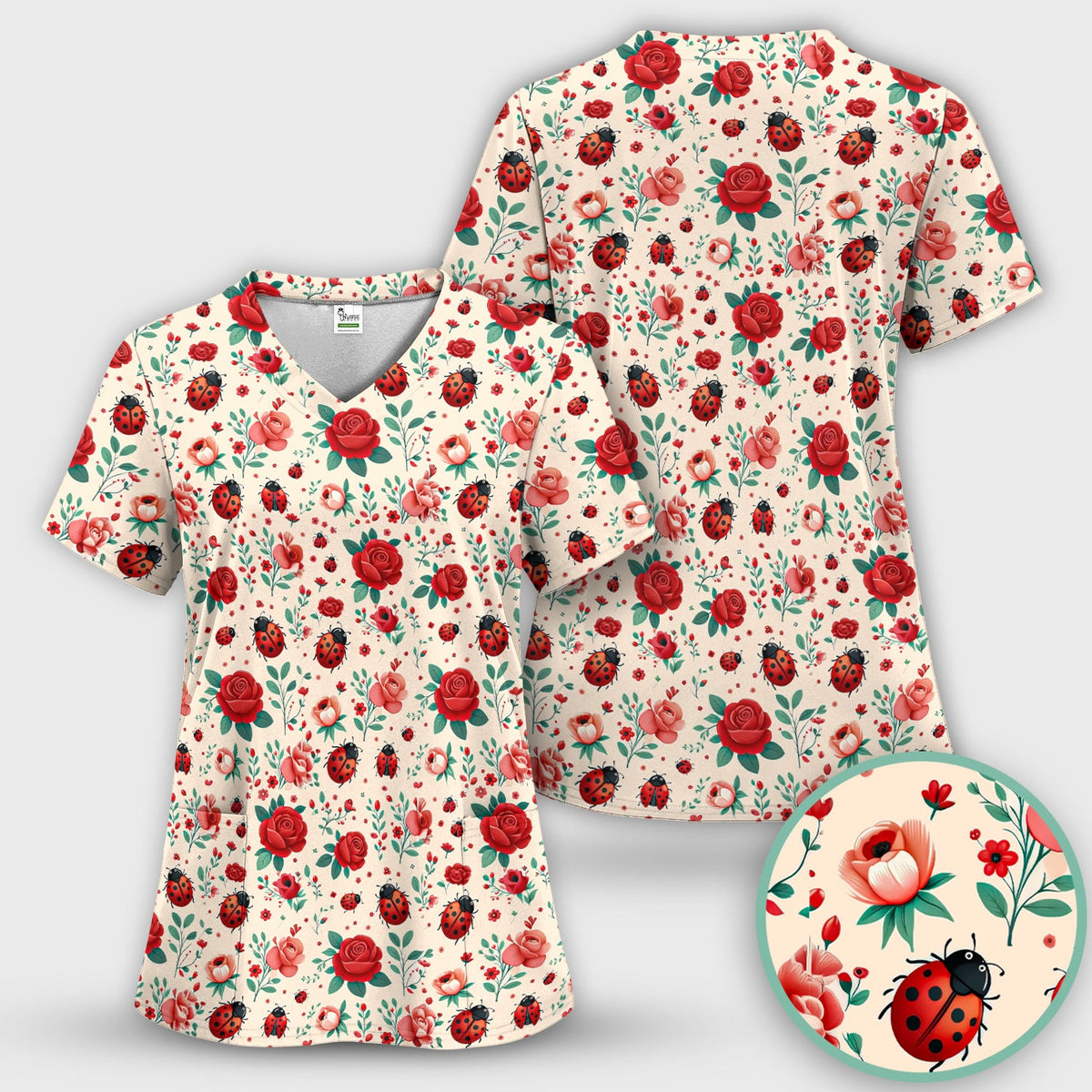 Ladybug Red Rose Floral Nurse Scrub Top