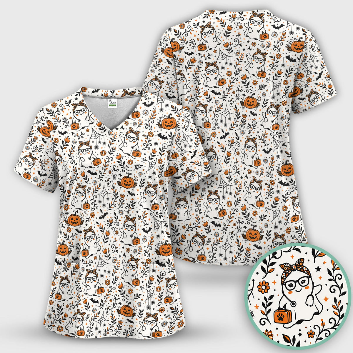 Halloween Ghost Pumpkins Nurse Scrub Top
