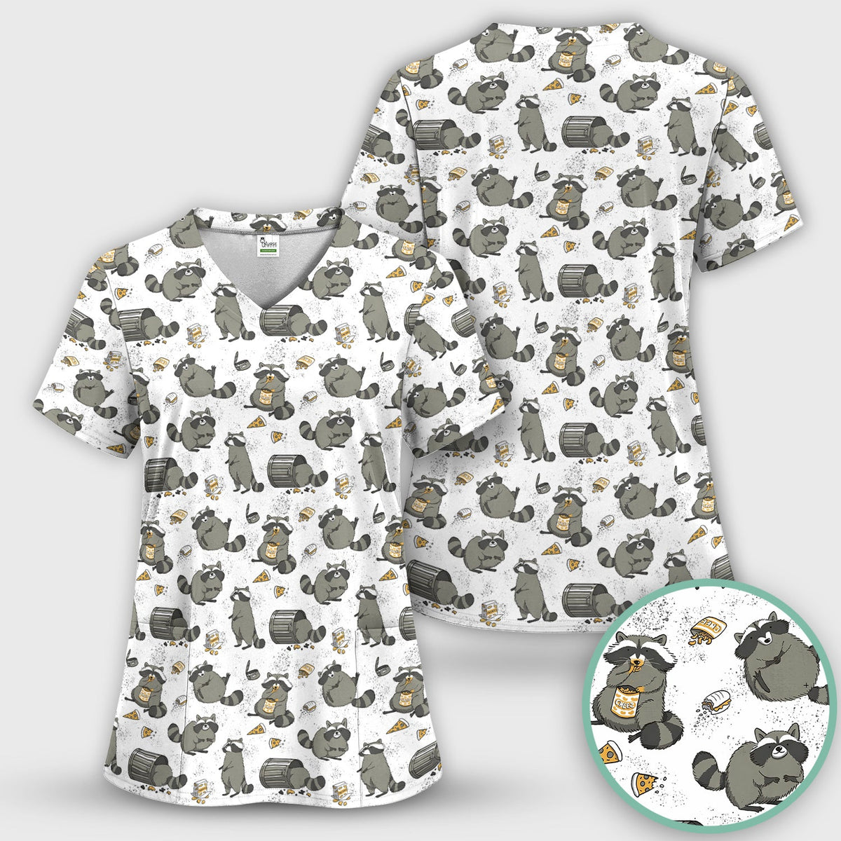 Raccoon Snack Trash Can Nurse Scrub Set