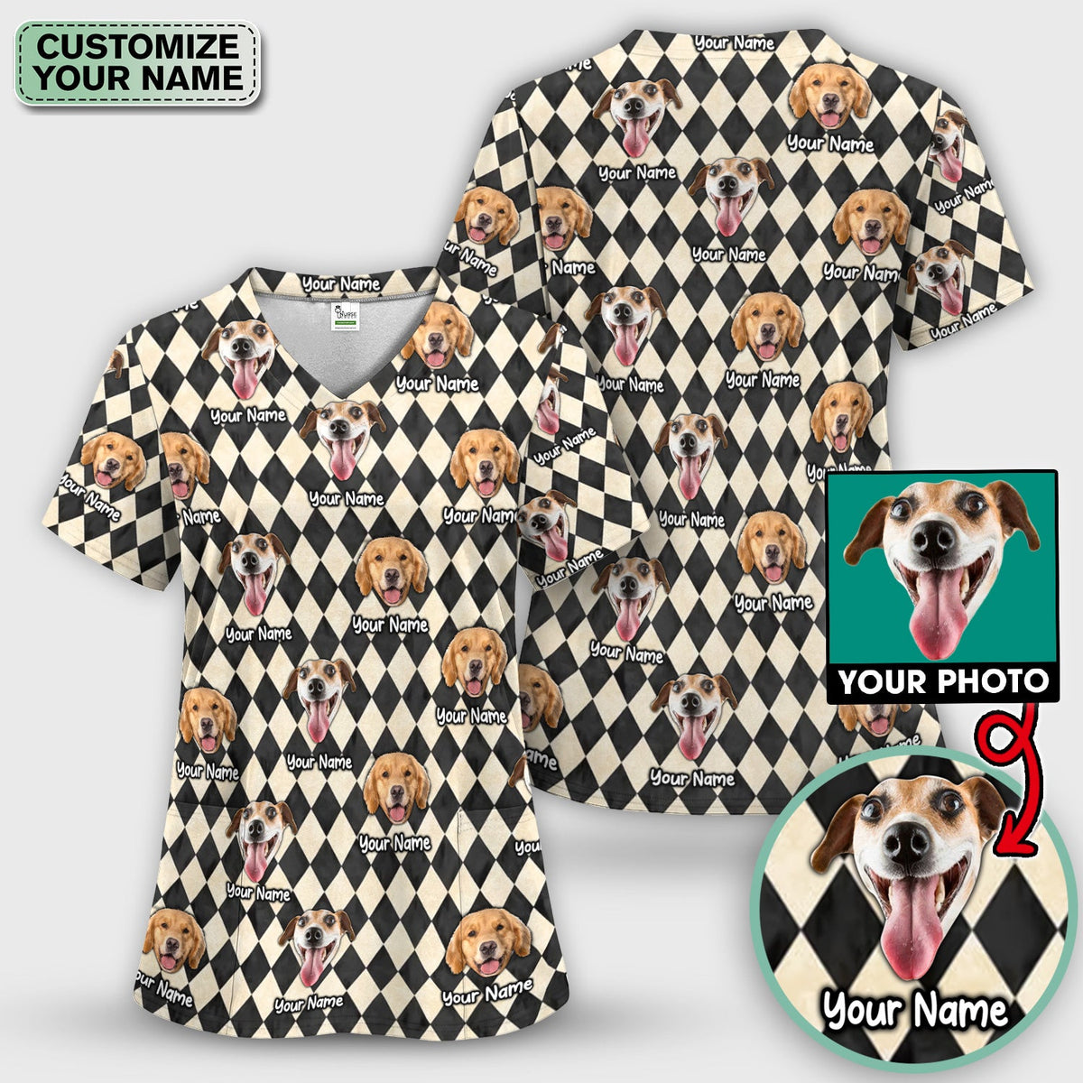 Personalized Pet Portrait Argyle Nurse Scrub Set