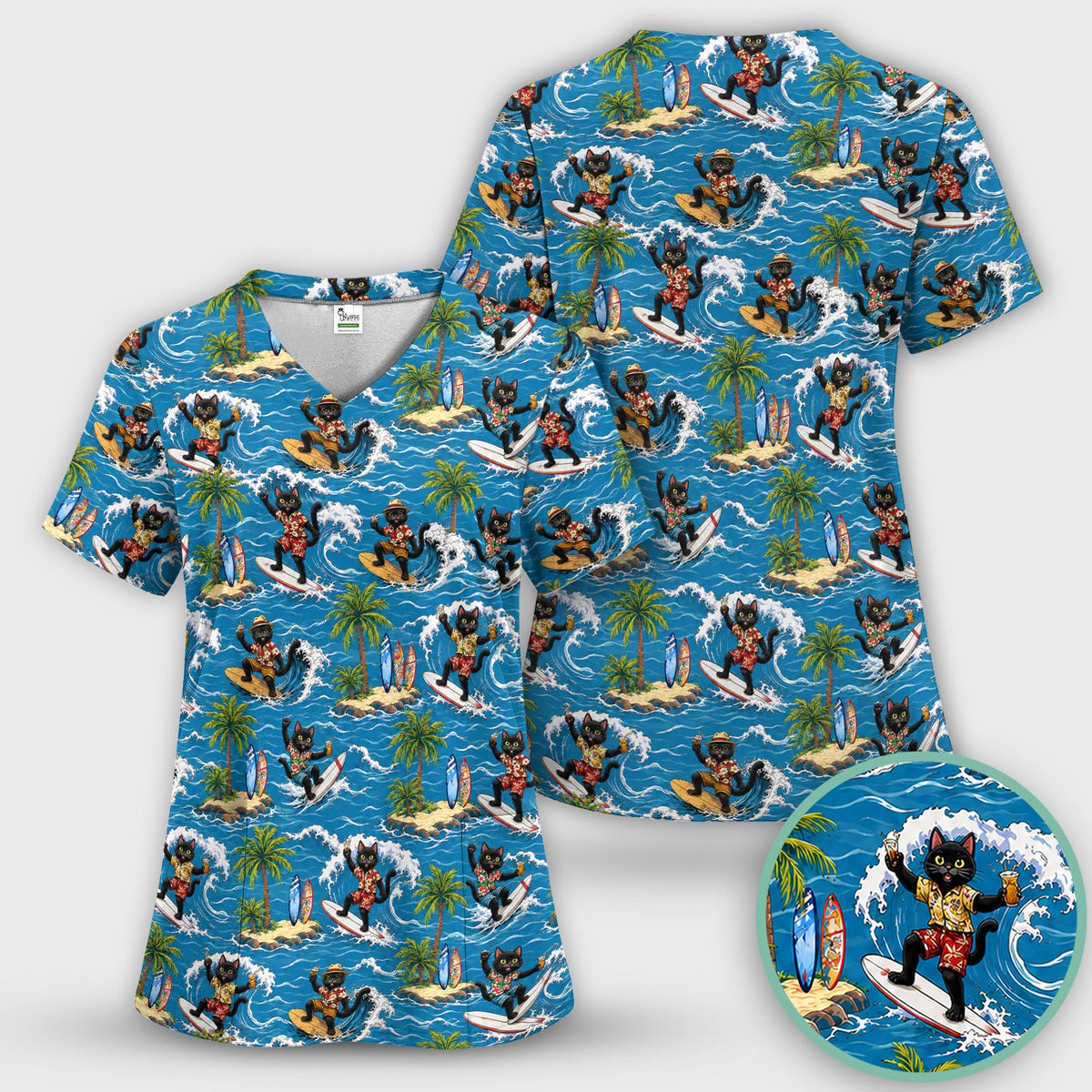 Tropical Black Cat Surfer Island Nurse Scrub Top
