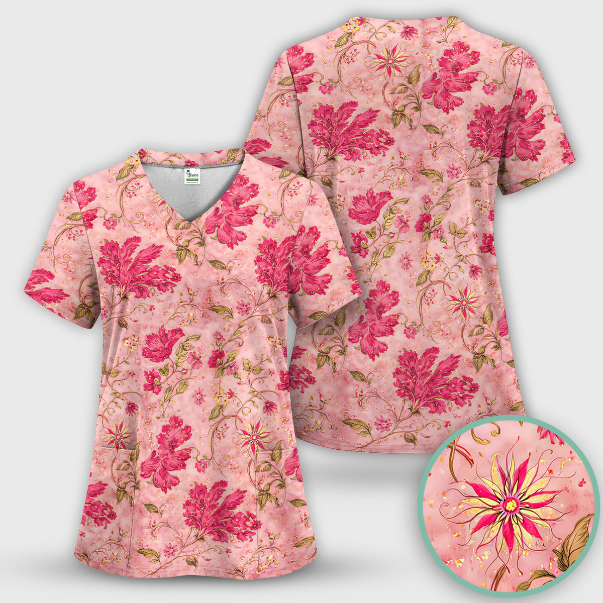 Elegant Pink Floral Vine Nurse Scrub Set