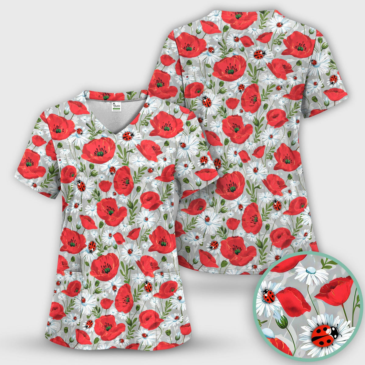 Red Poppy Daisy Ladybug Nurse Scrub Top