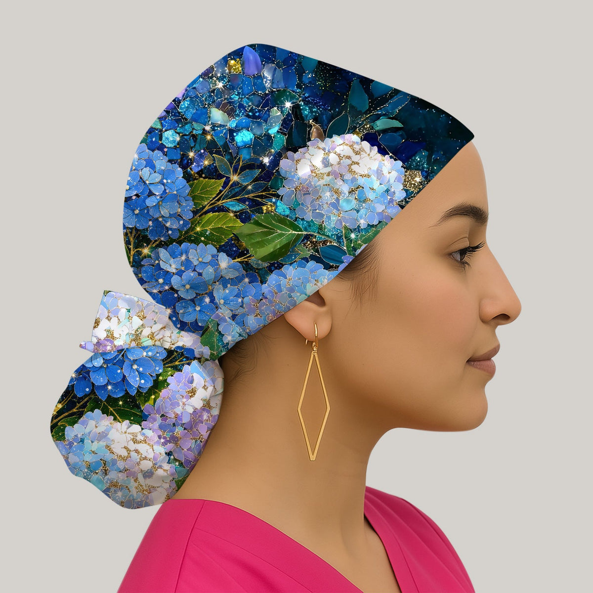 Blue Hydrangea Floral Scrub Cap