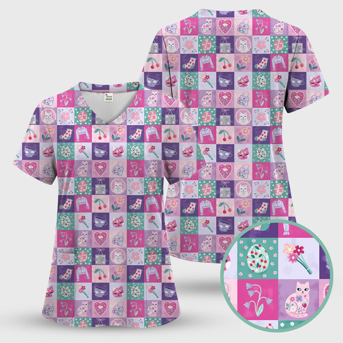 Pastel Cat Patchwork Kawaii Nurse Scrub Top