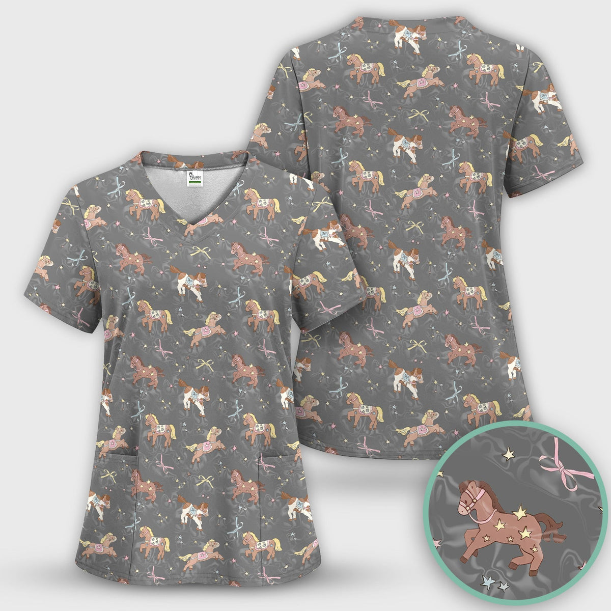 Cute Pony Star Pattern Scrub Set, Breathable Med Uniform