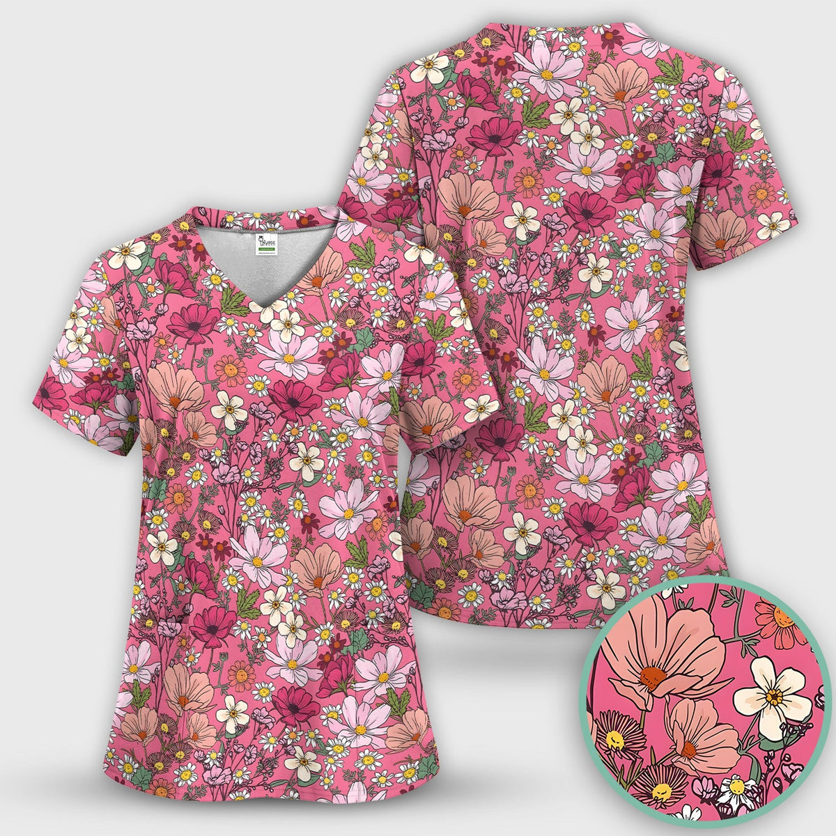 Pink Daisy Wildflower Nurse Scrub Top