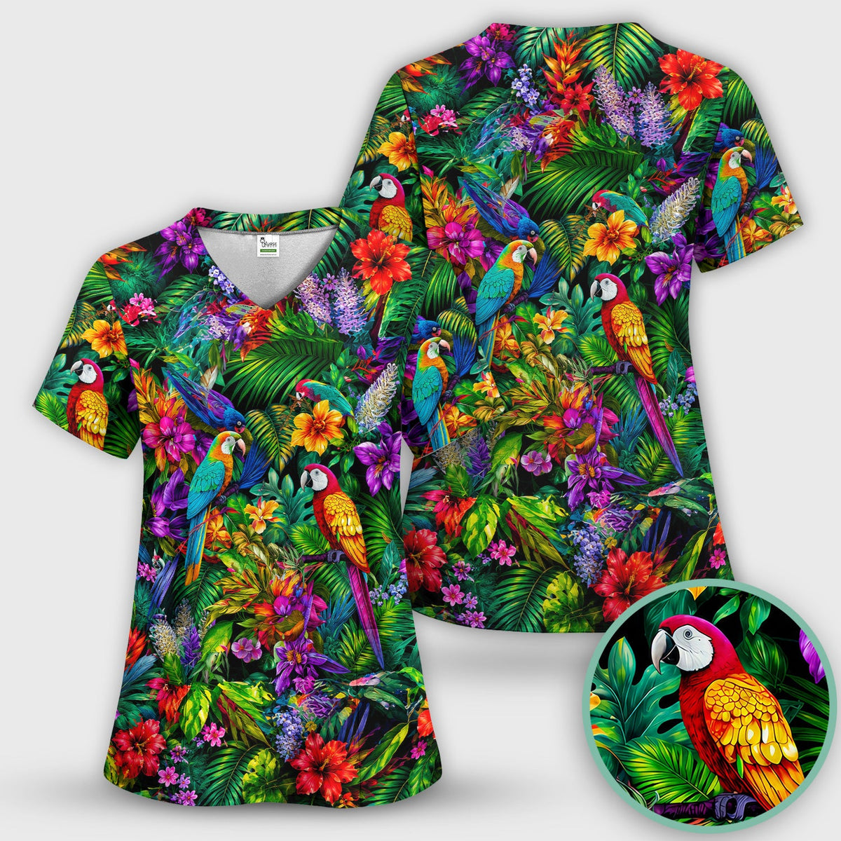 Tropical Parrot Jungle Blossom Nurse Scrub Top