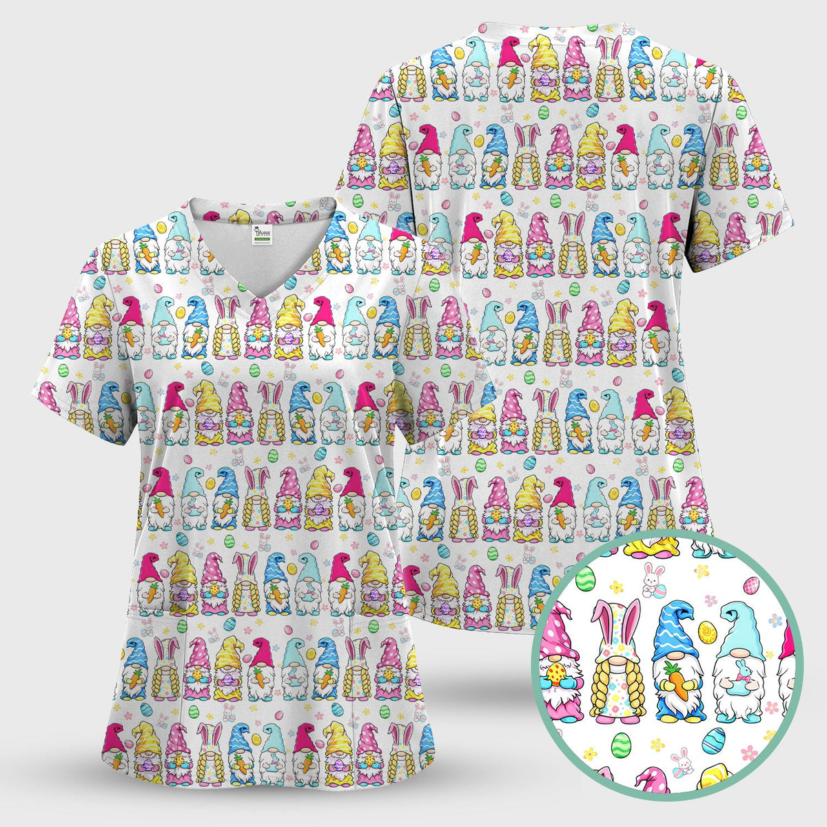 Colorful Easter Gnome Bunny Eggs Nurse Scrub Set