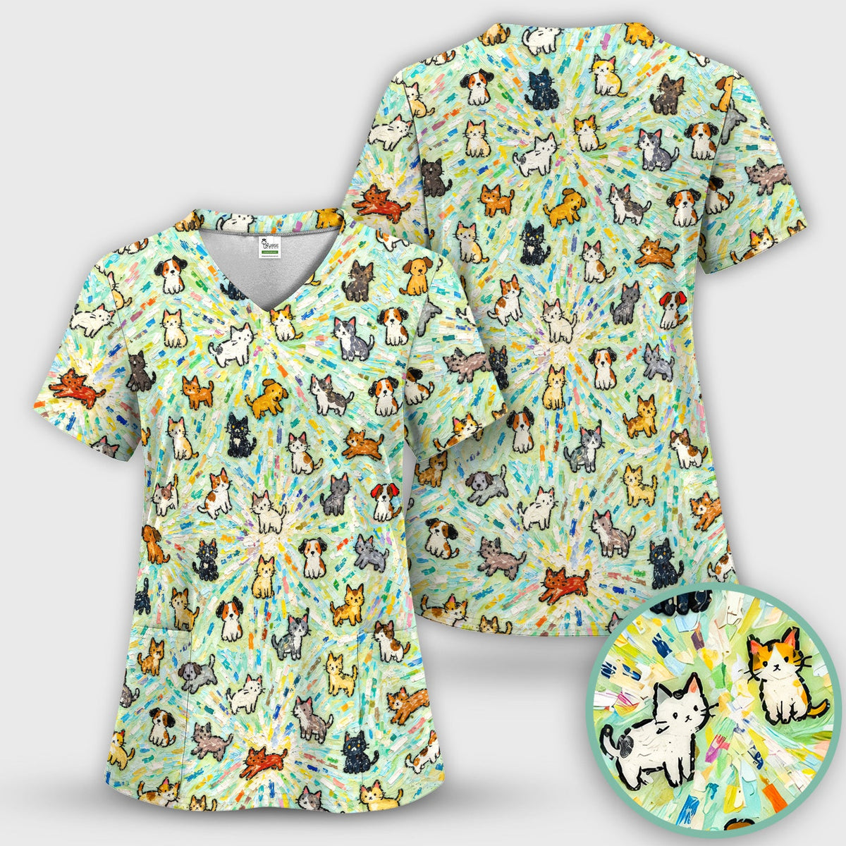 Colorful Cats Dogs Doodle Pattern Scrub Top, Comfortable Scrubs for Nurses