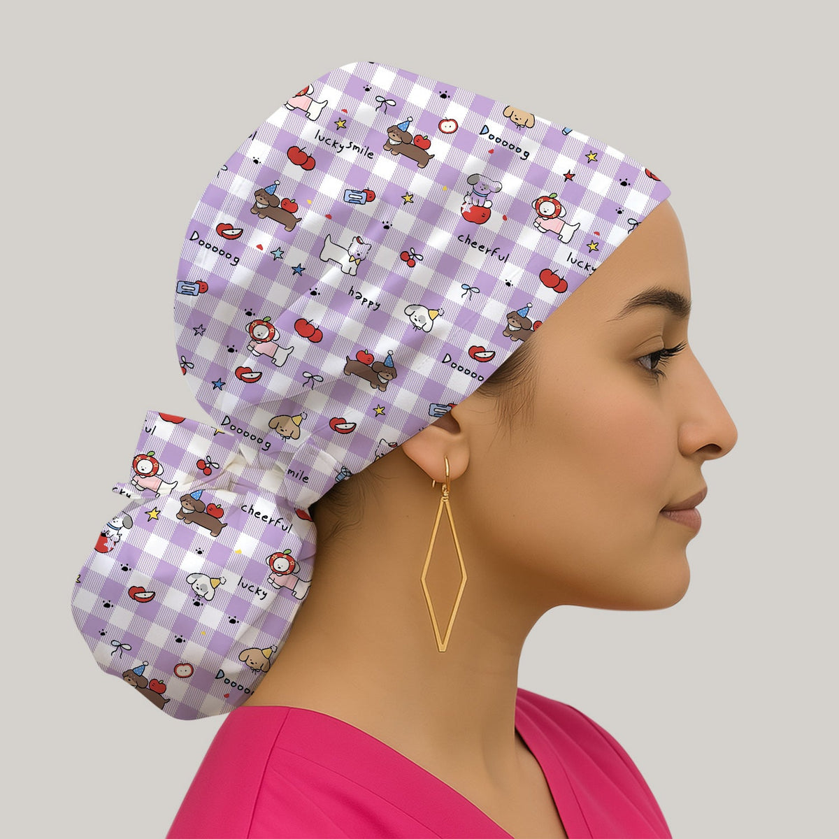 Cartoon Puppy Apple Gingham Scrub Cap