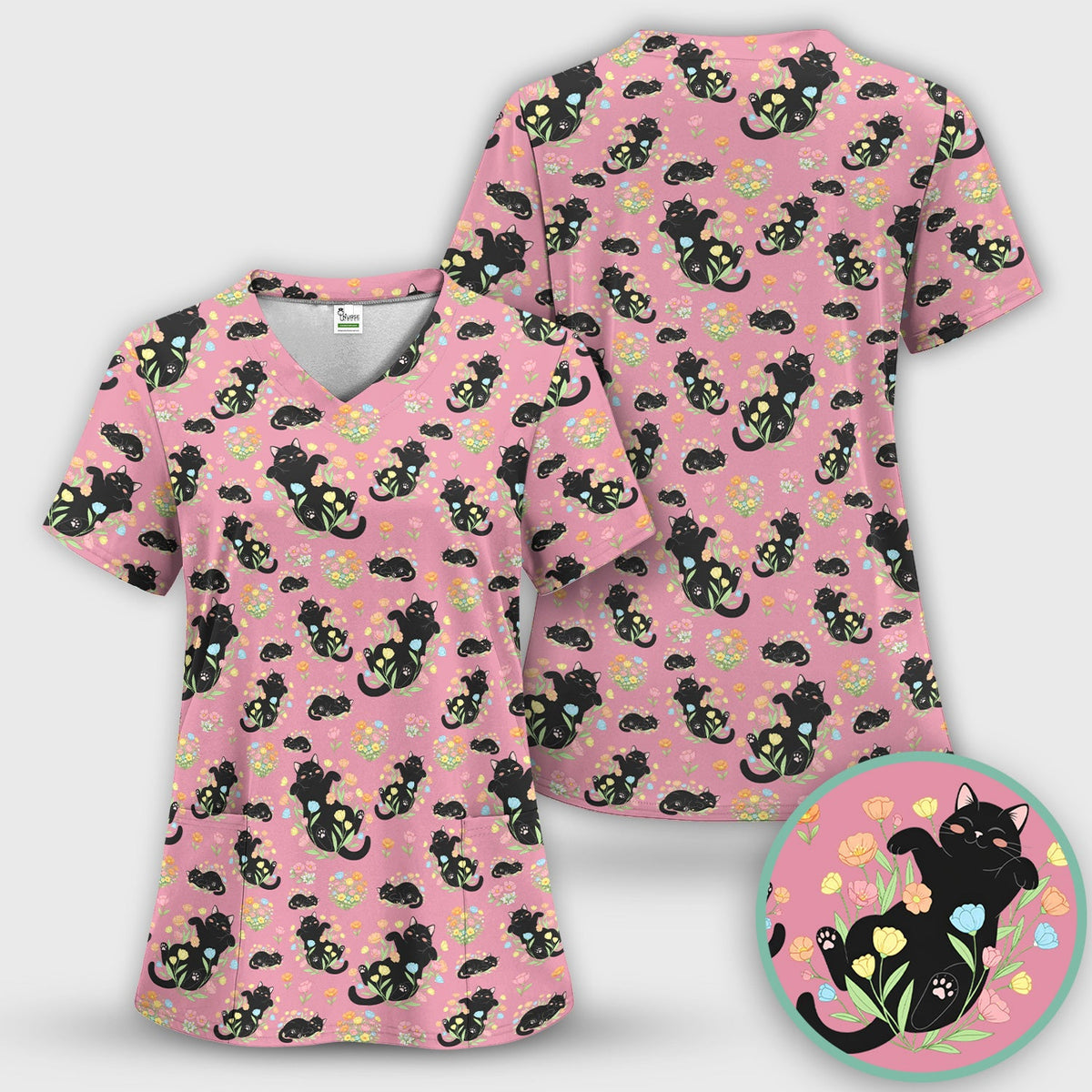Cats Cute Poses Floral Nurse Scrub Top