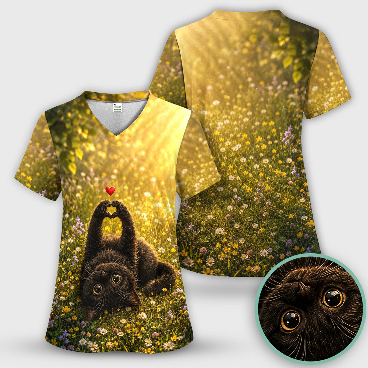 Upside Down Black Cat Meadow Nurse Scrub Top