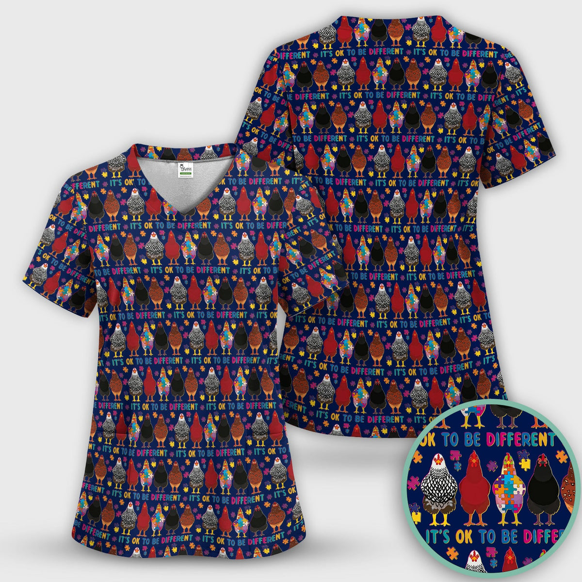 Autism Chicken It's OK To Be Different Nurse Scrub Set