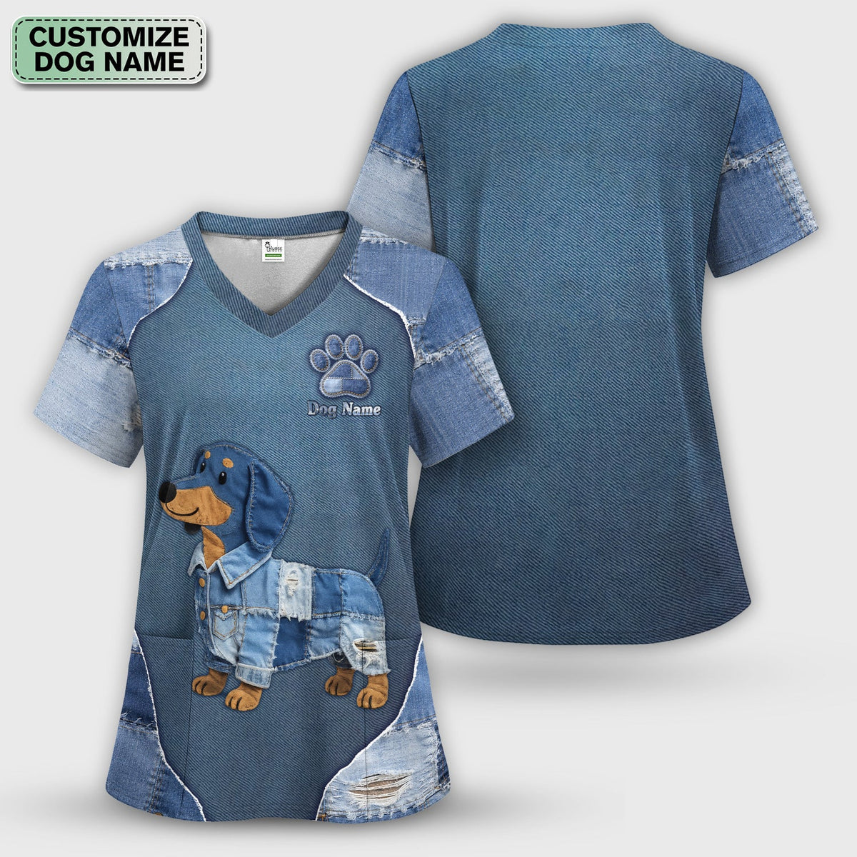 Personalized Denim Dachshund Nurse Scrub Top