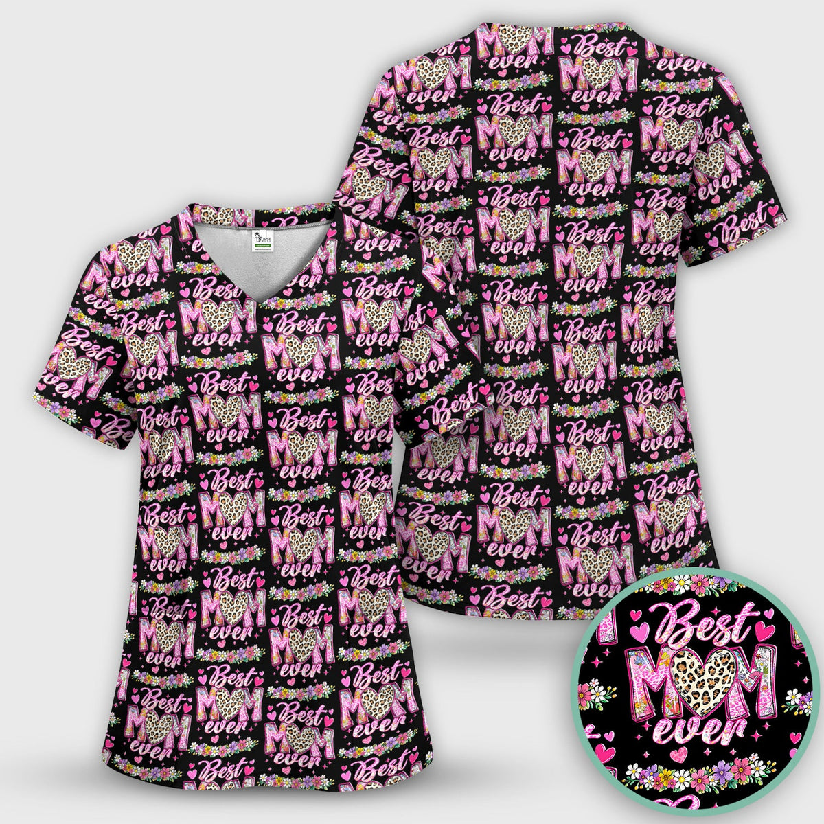 Best Mom Ever Leopard Heart Nurse Scrub Set