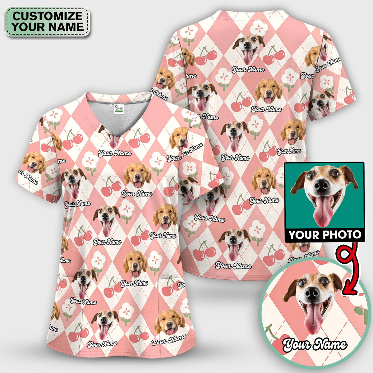 Dog Face Cherry Argyle Nurse Scrub Top