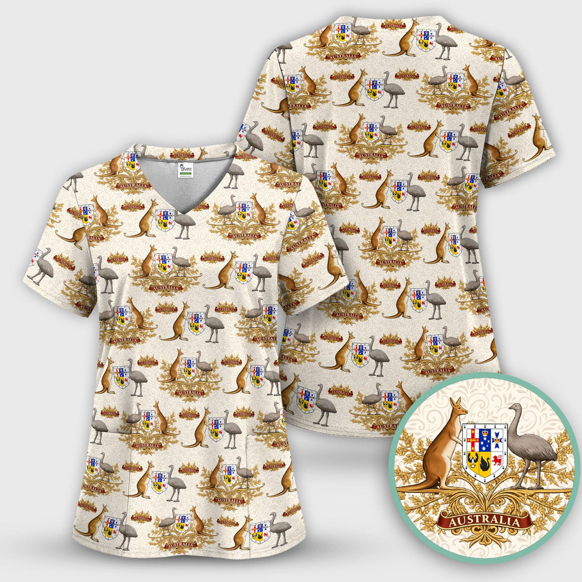 Australian Kangaroo Emu Crest Pattern Scrub Top, Comfortable Scrubs for Nurses