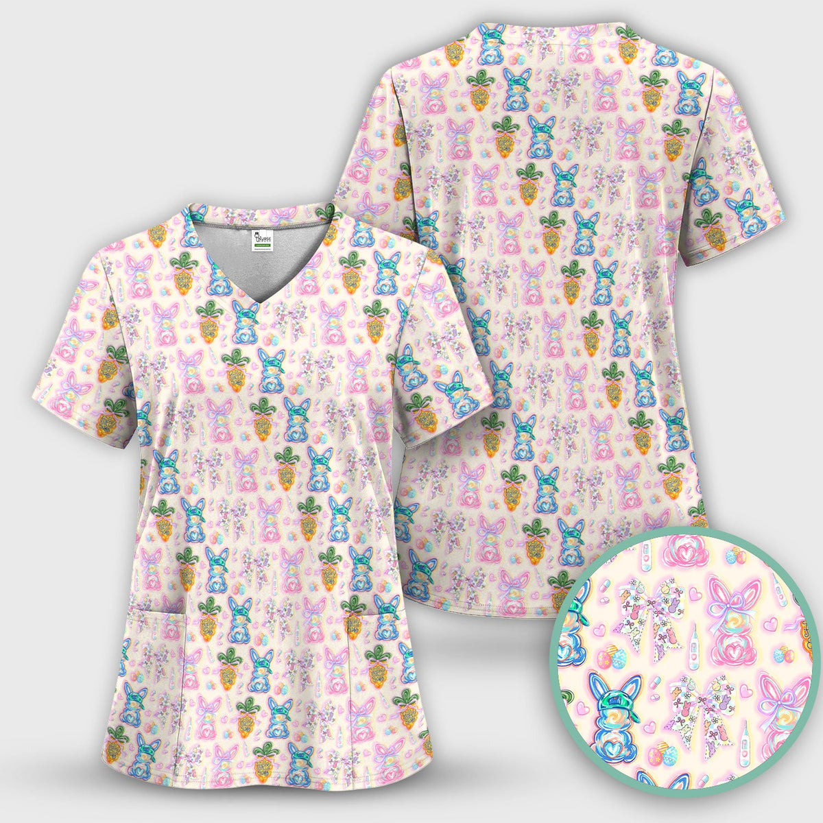 Bunny Carrot Bow Nurse Scrub Top - Easter Gift