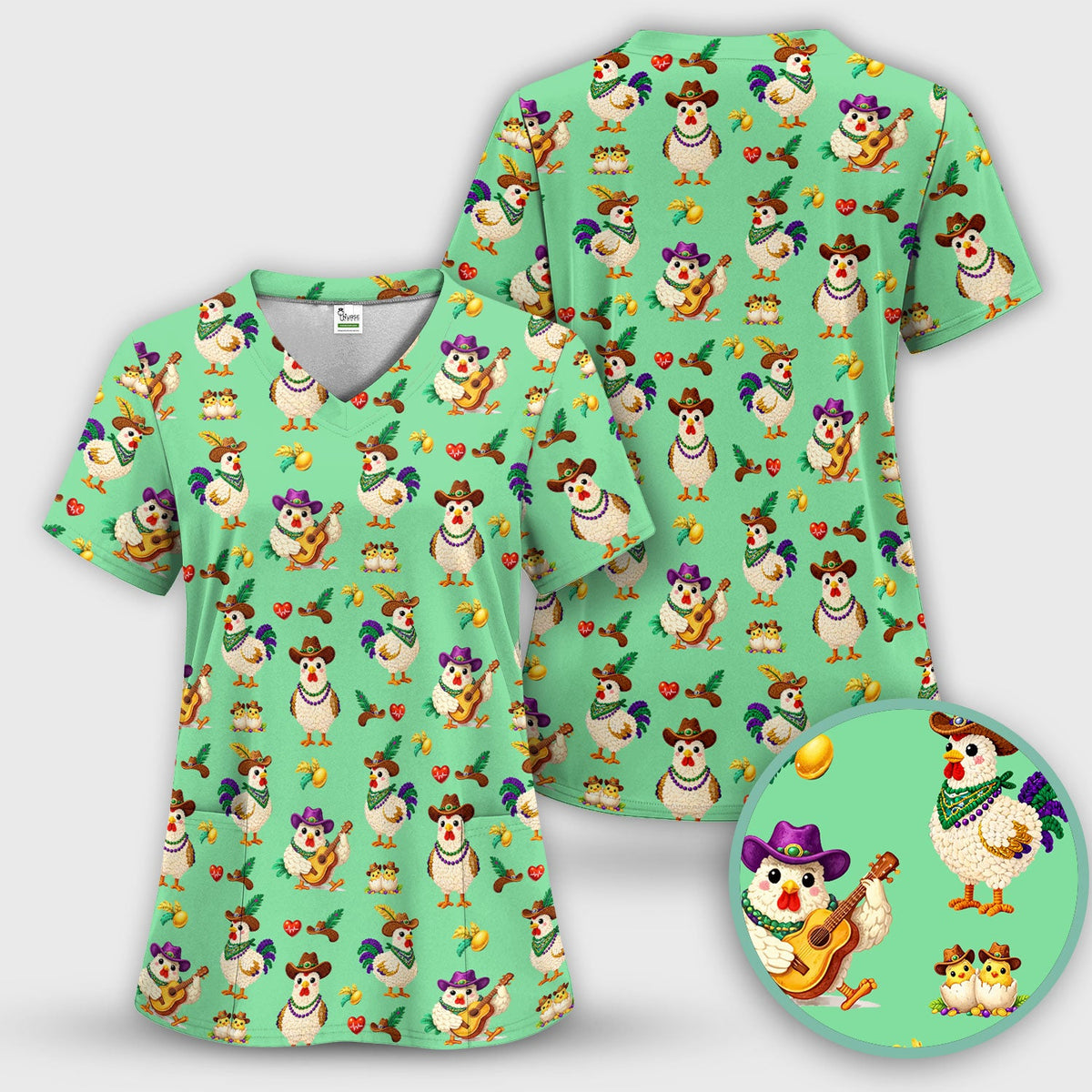 Mardi Gras Rooster Cowboy Nurse Scrub Set