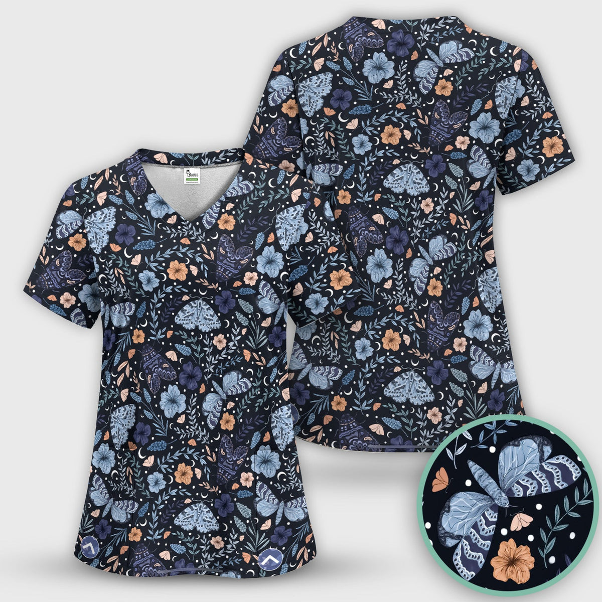Night Moth Butterfly Floral Nurse Scrub Set