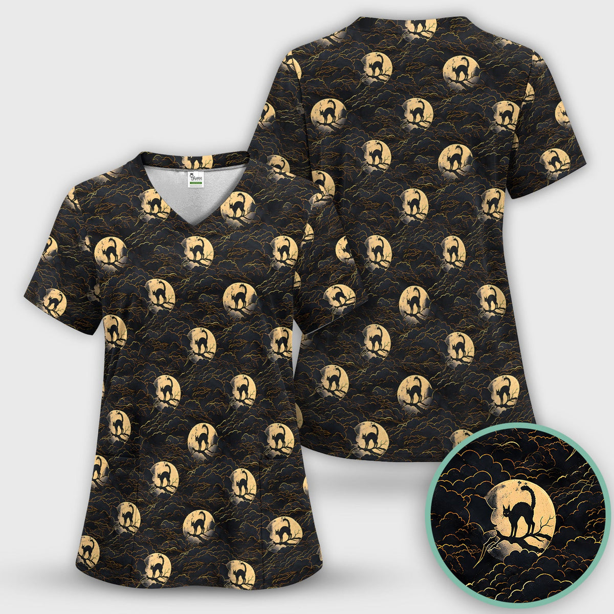 Black Cat In Moonlight Nurse Scrub Top - Halloween Gift