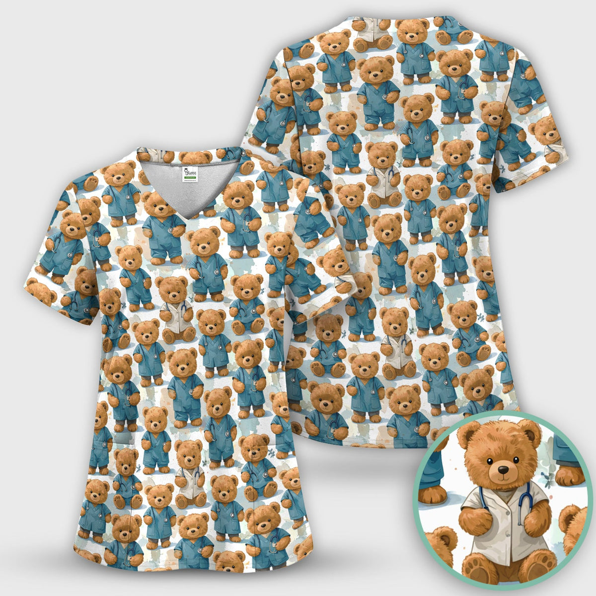 Teddy Bear Doctor Character Pattern Scrub Set, Scrub Pants and V Neck Top