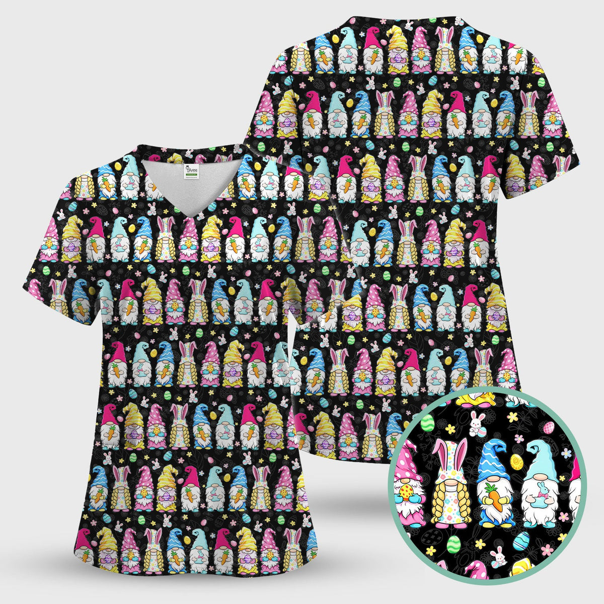 Colorful Easter Gnome Bunny Eggs Nurse Scrub Set