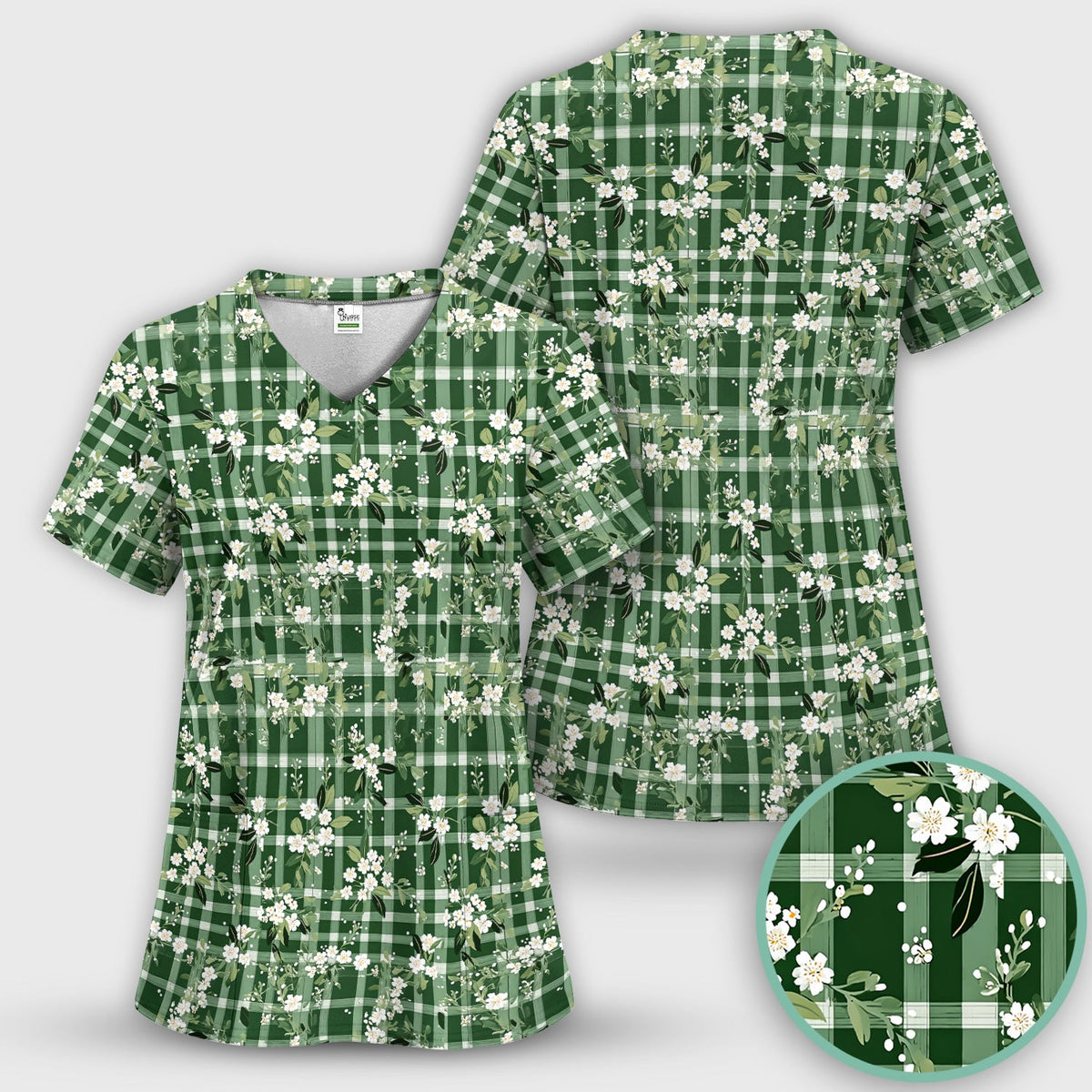 Green Gingham Floral Nurse Scrub Top