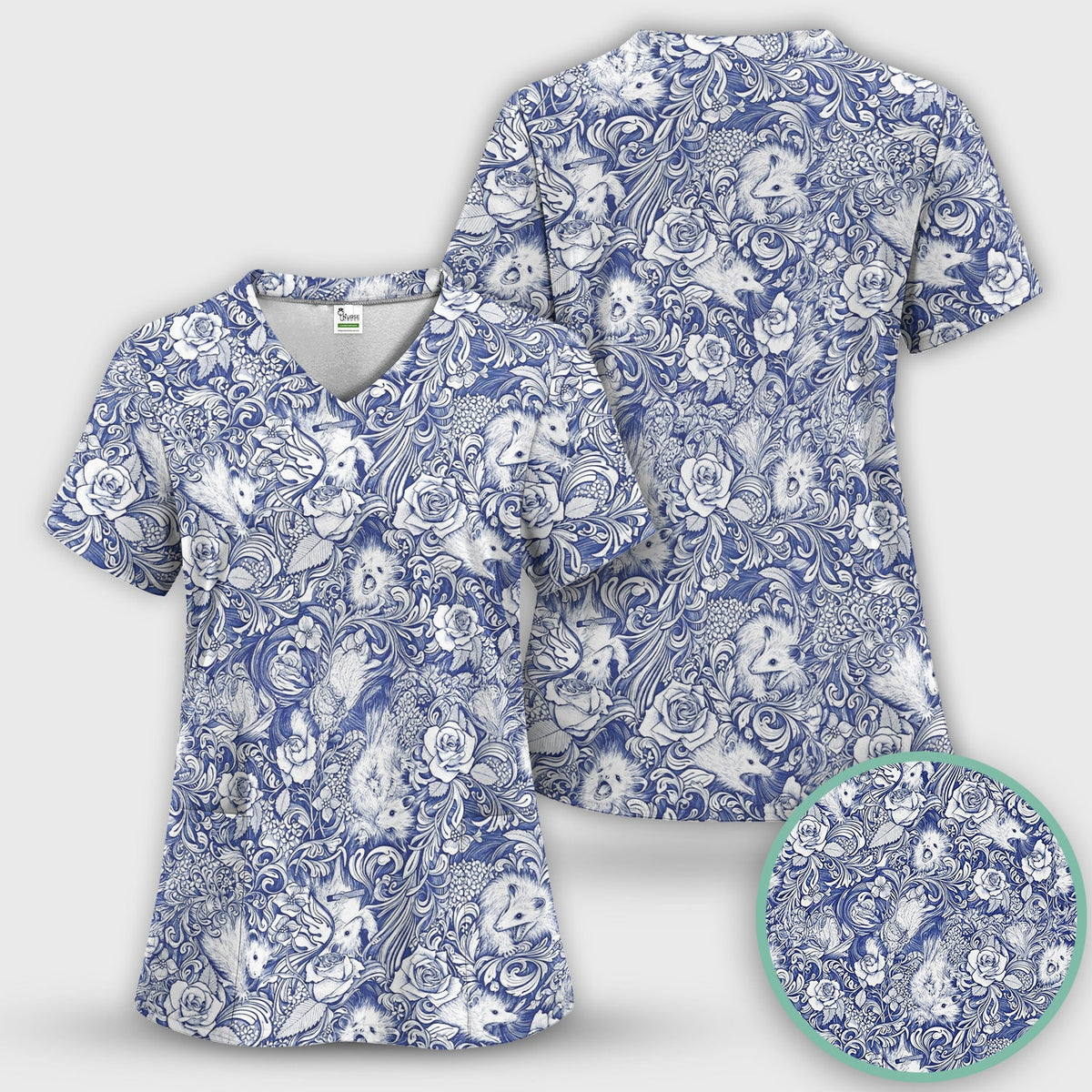Blue Floral Opossum And Roses Nurse Scrub Set