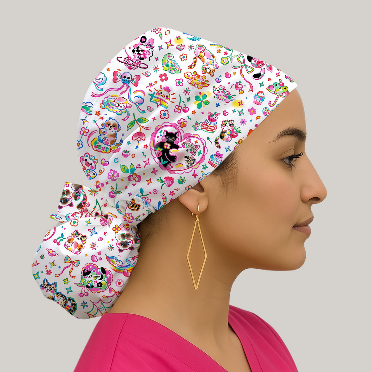 Colorful Kawaii Cat Heart Doodle Scrub Cap