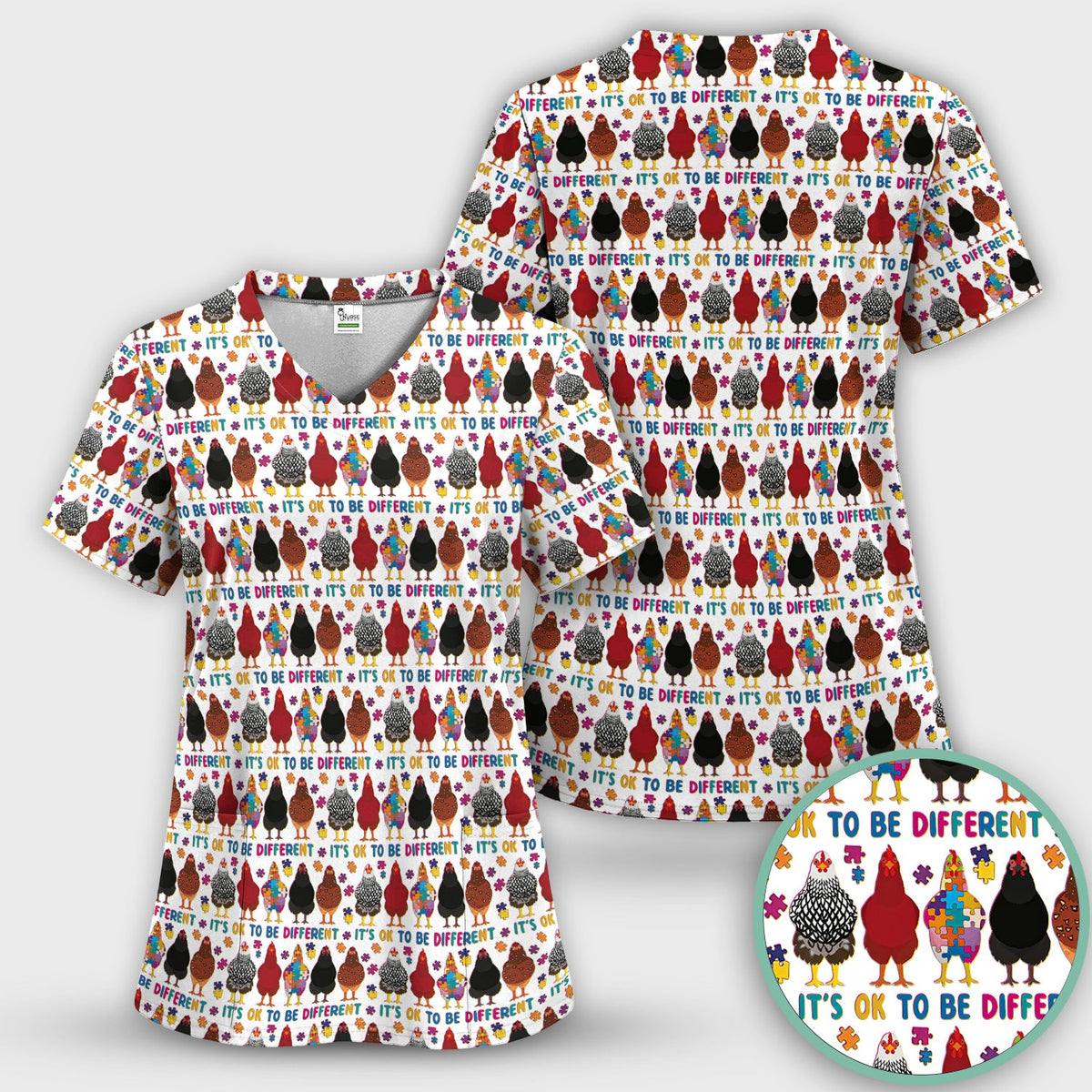Autism Chicken It's OK To Be Different Nurse Scrub Top