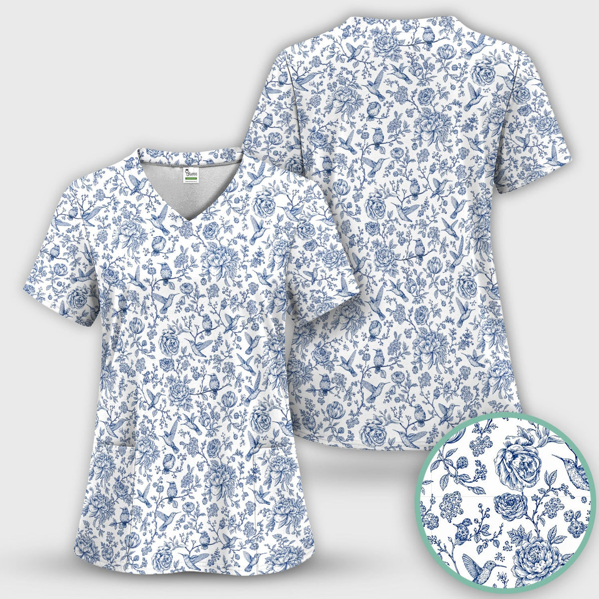 Blue Toile Hummingbird Floral Nurse Scrub Top