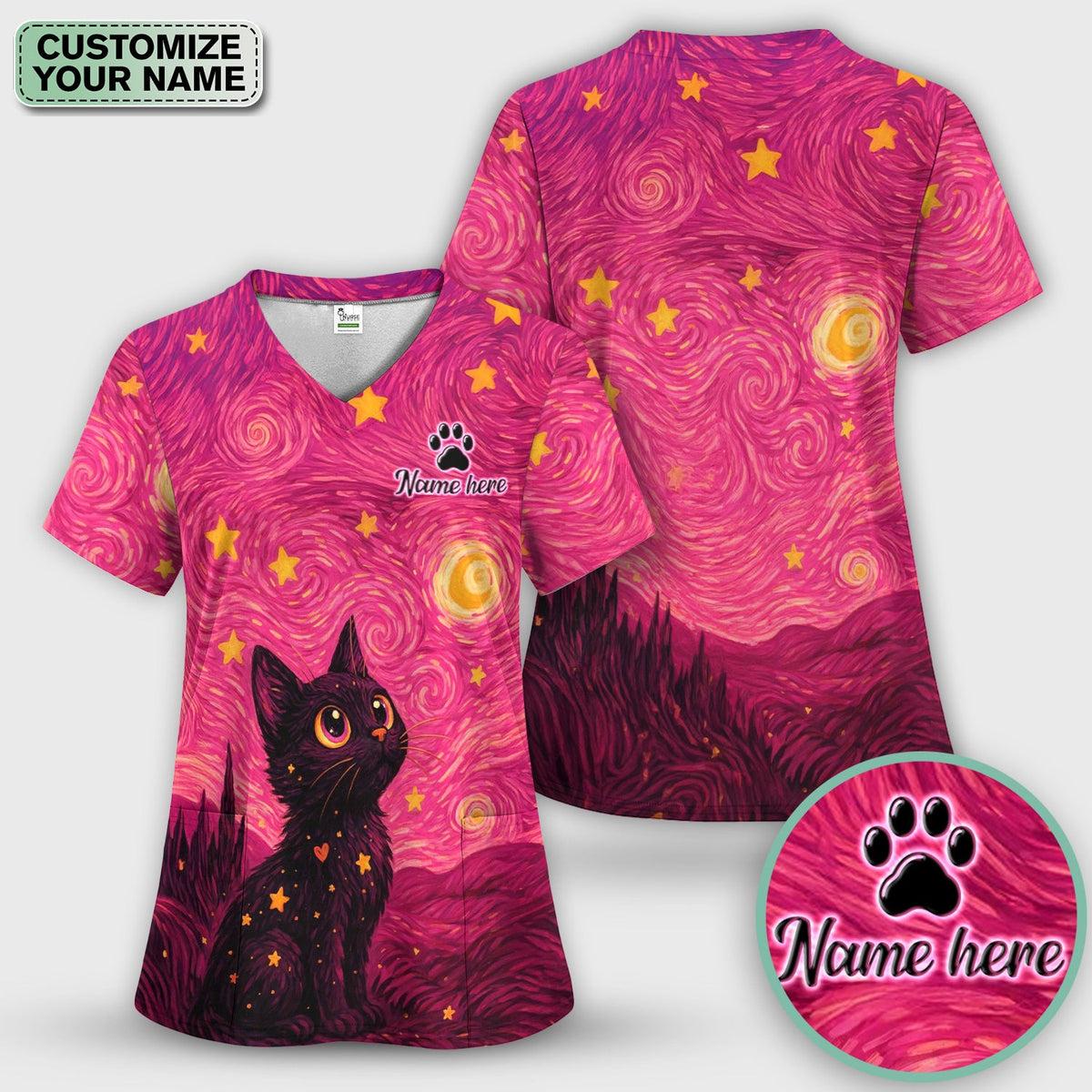 Personalized Black Cat Galaxy Star Swirl Nurse Scrub Set