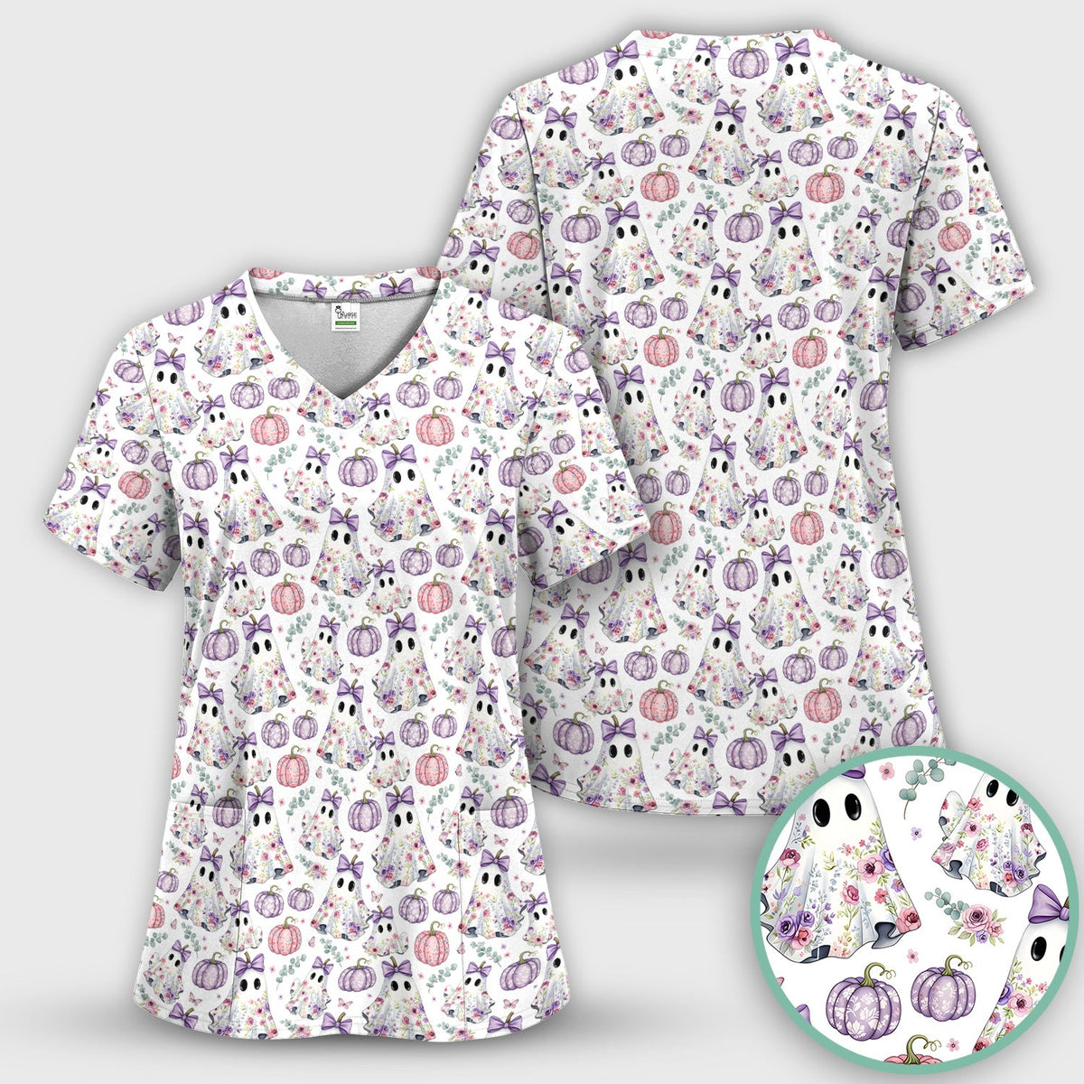 Floral Ghost Pumpkin Nurse Scrub Top