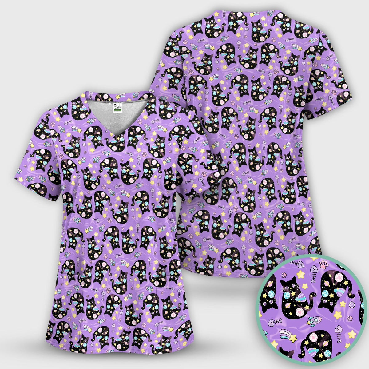 Galaxy Black Cat Space Nurse Scrub Top