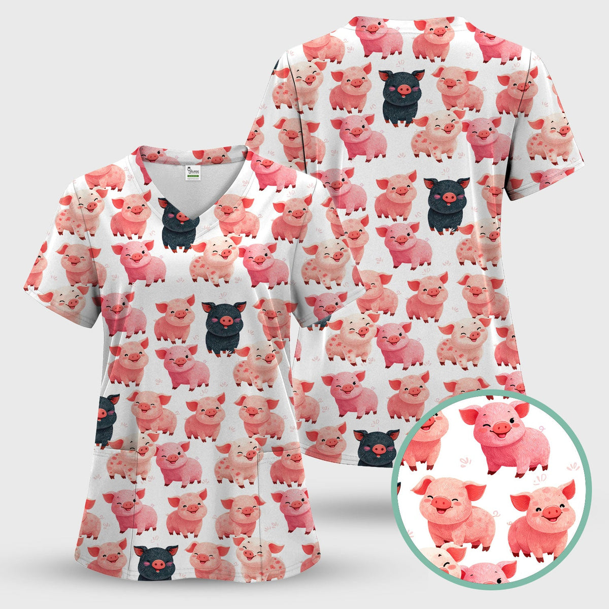 Funny Farm Pig Cartoon Pattern Scrub Top, Comfortable Scrubs for Nurses