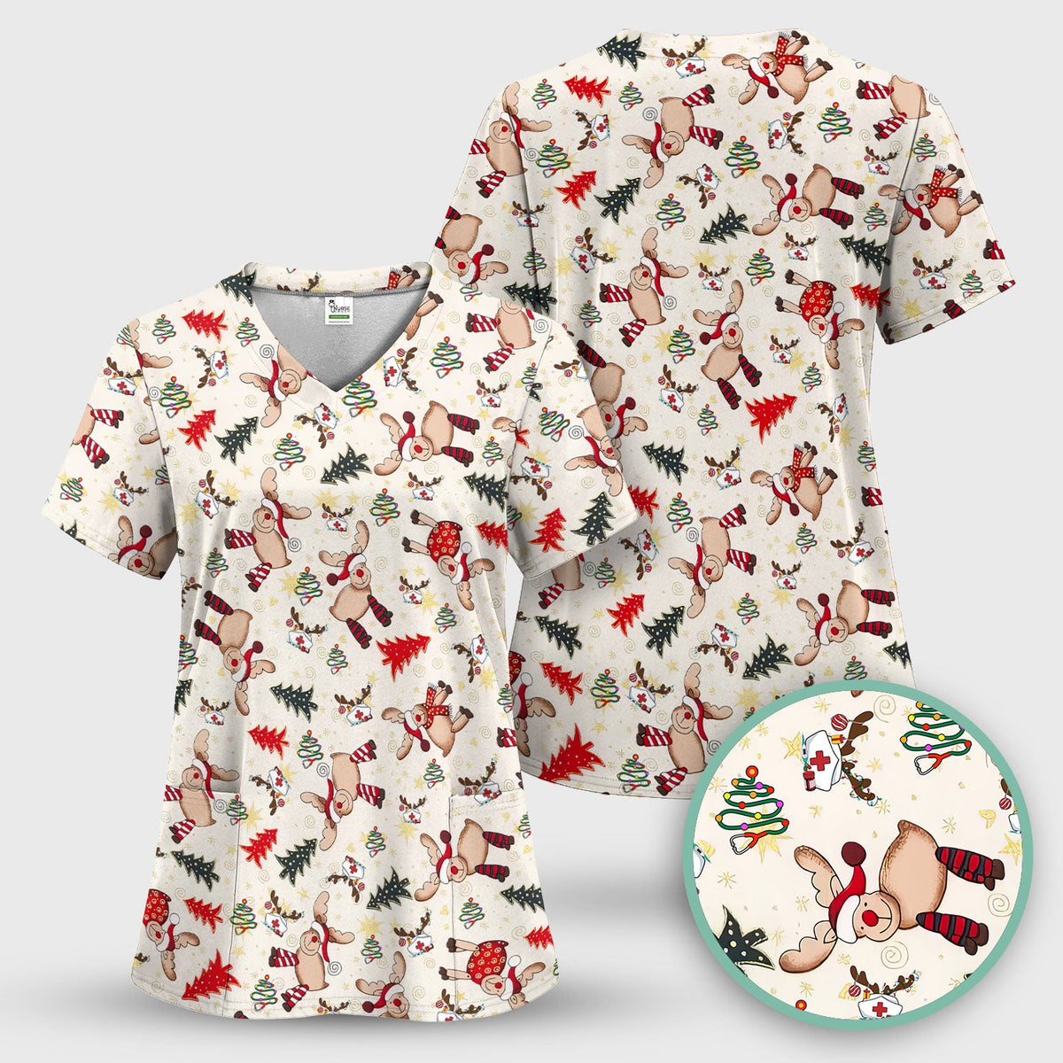 Reindeer Nurse Scrub Top - Christmas Gift