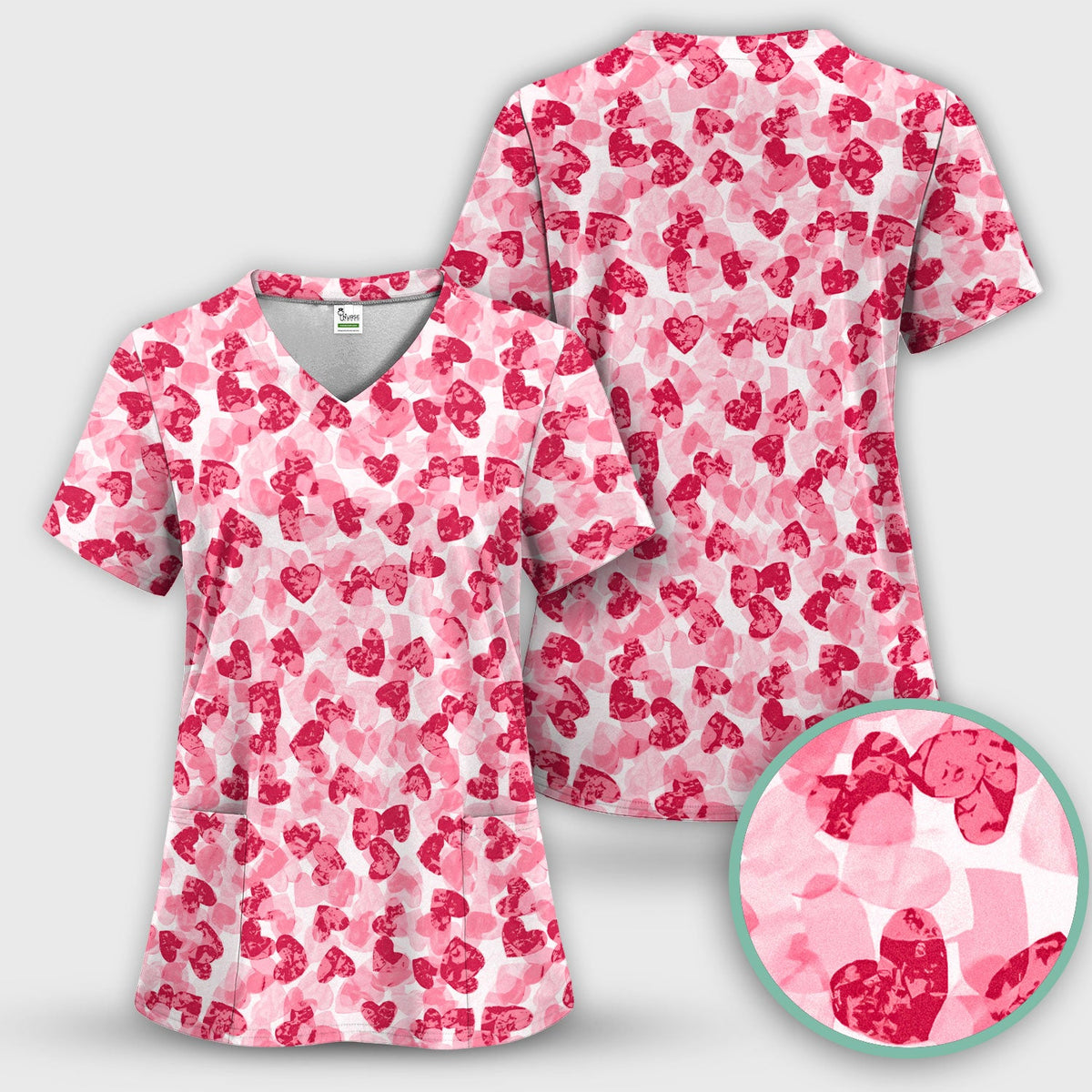 Valentine Heart Pattern Medical Scrub Top, Comfortable Scrubs for Nurses