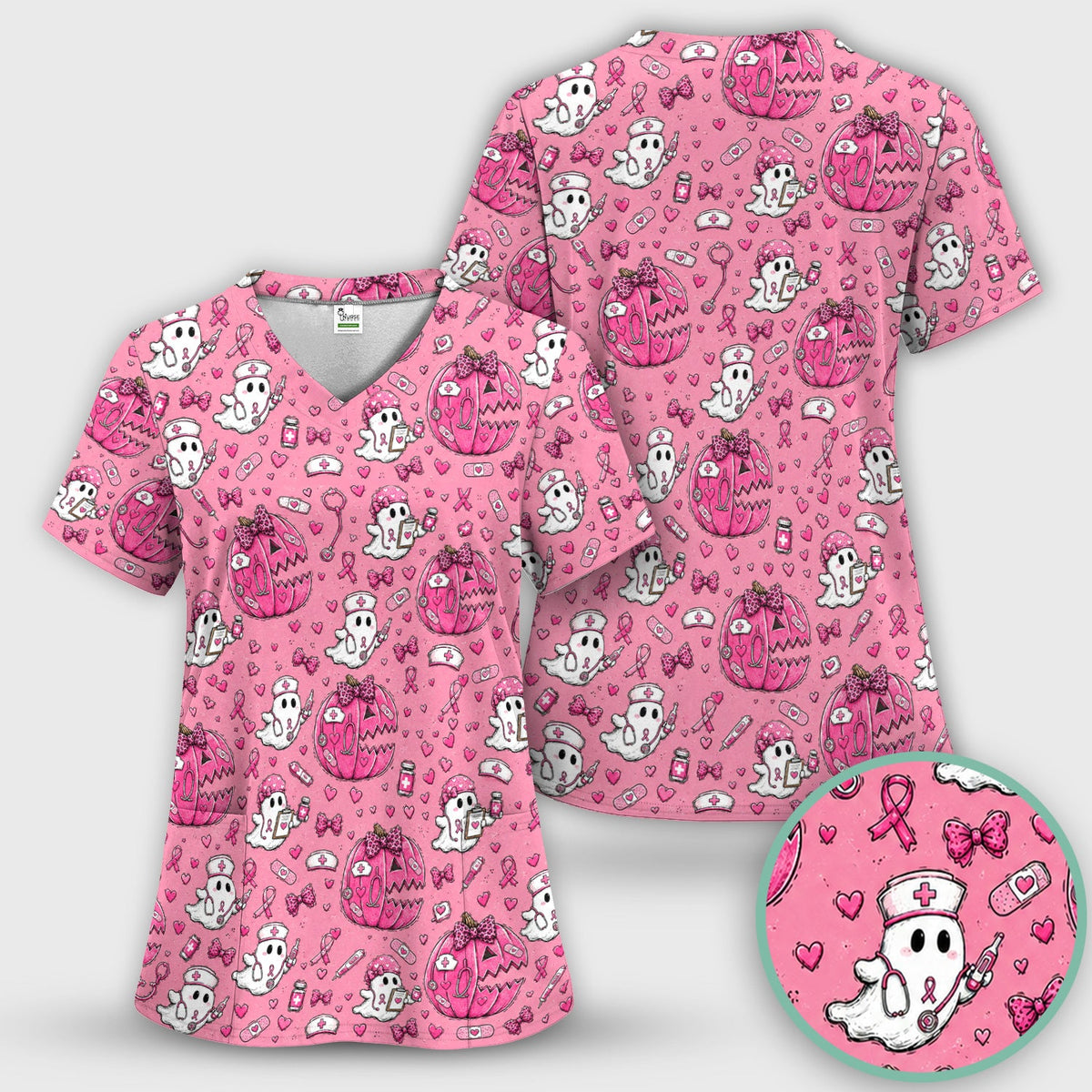 Pink Ribbon Ghost Pattern Nurse Scrub Set