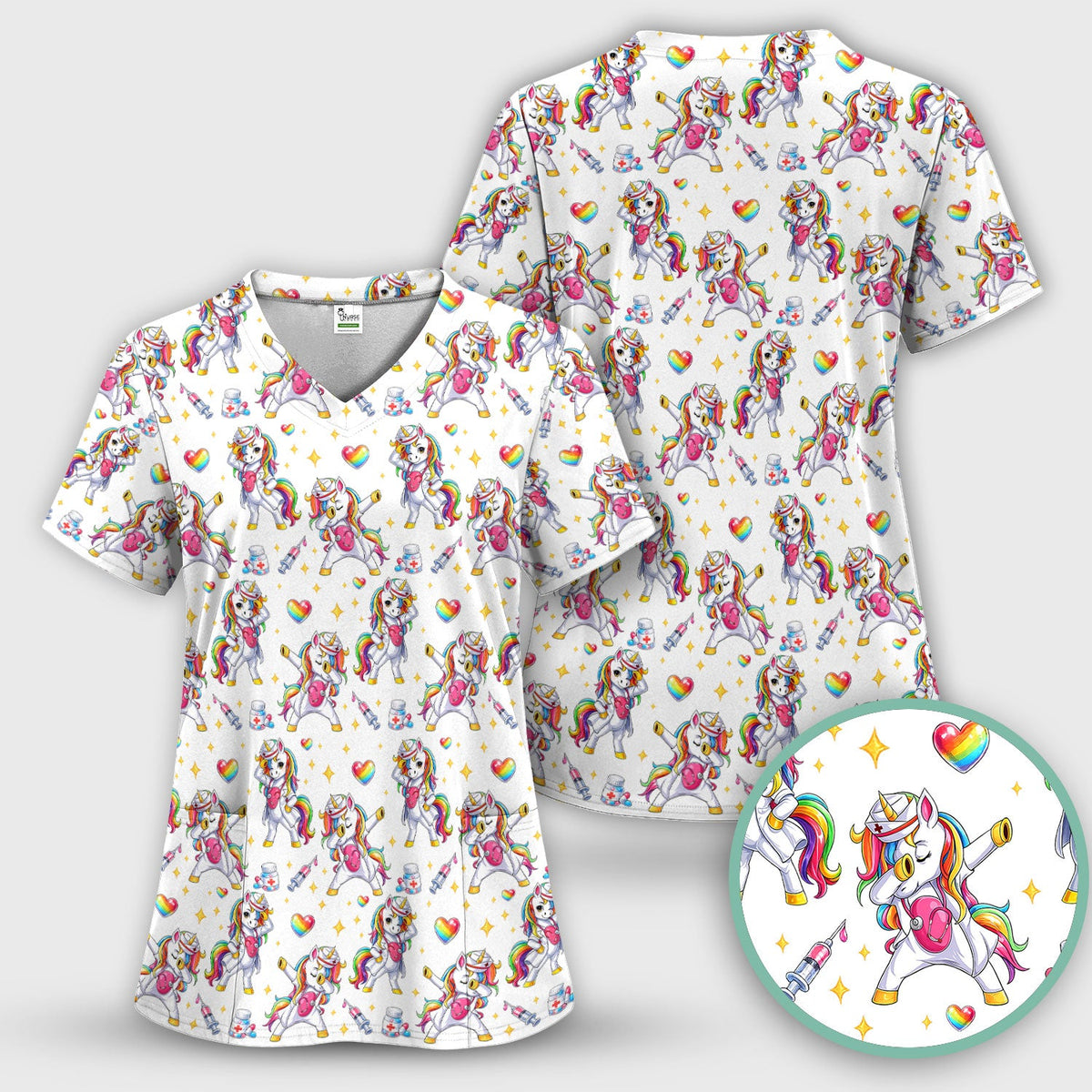 Playful Nurse Unicorn Rainbow Pattern Scrub Top, Comfortable Scrubs for Nurses