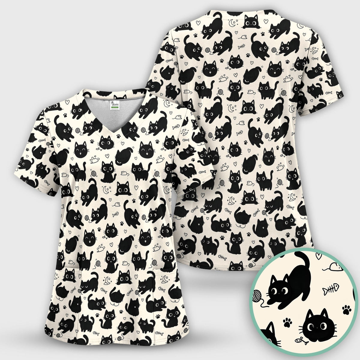 Playful Black Cat Nurse Scrub Top