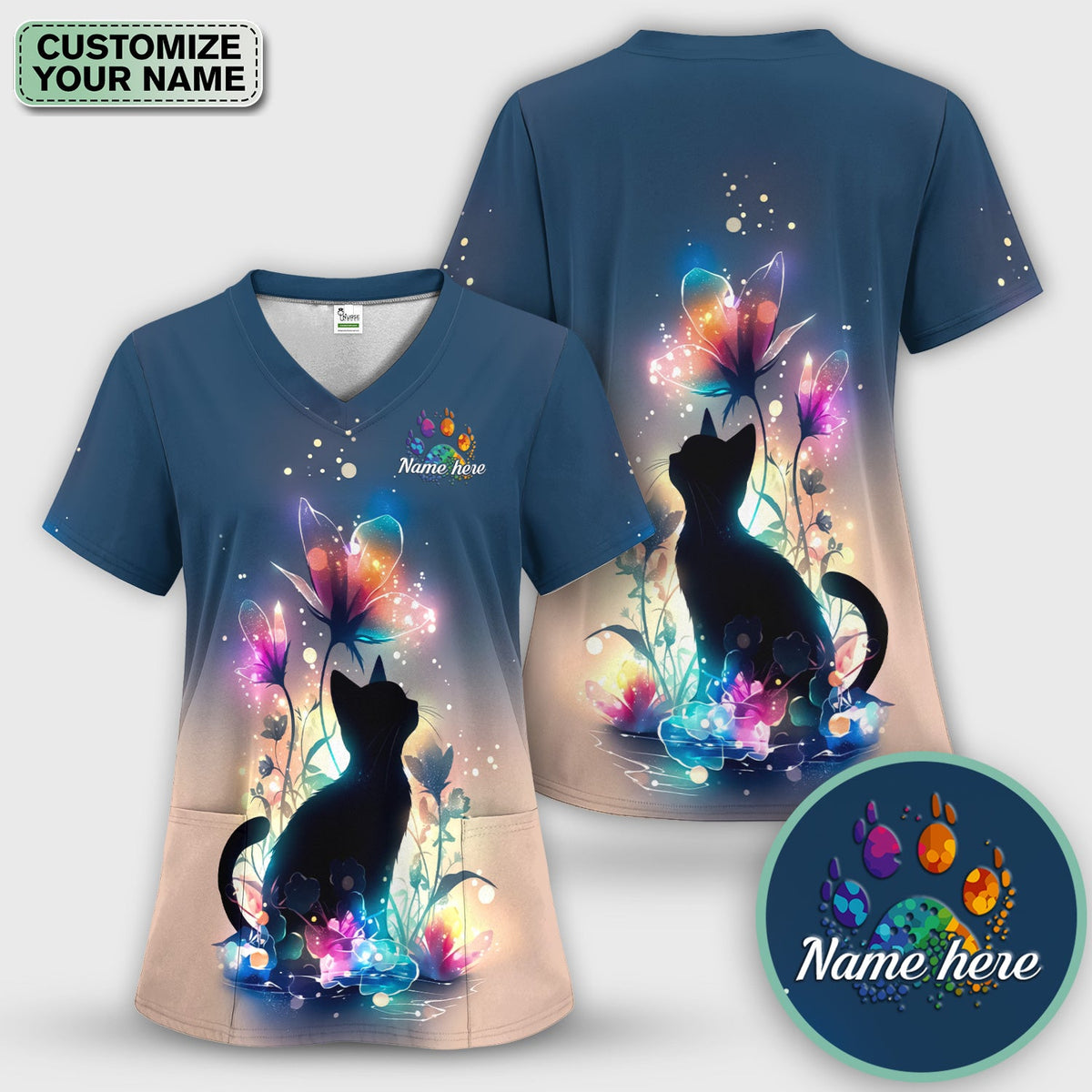 Personalized Cat Floral Glow Nurse Scrub Top