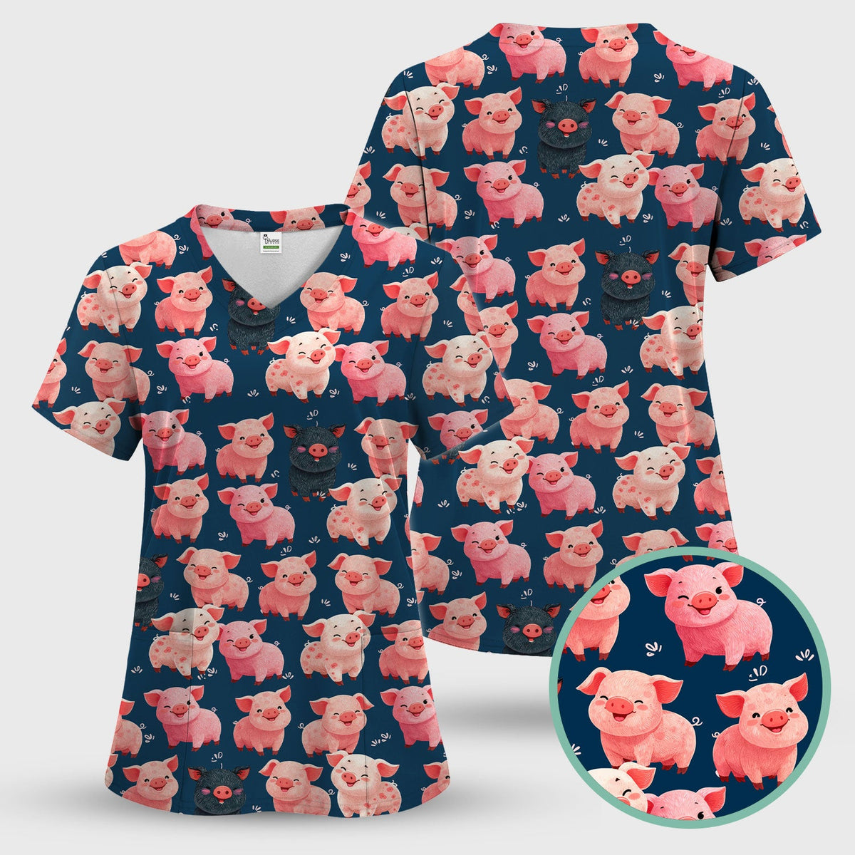 Funny Farm Pig Cartoon Pattern Scrub Top, Comfortable Scrubs for Nurses