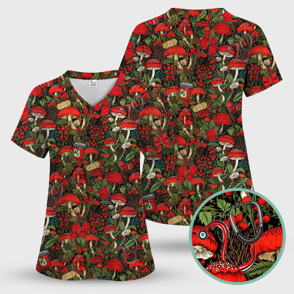 Red Mushroom Forest Nurse Scrub Top