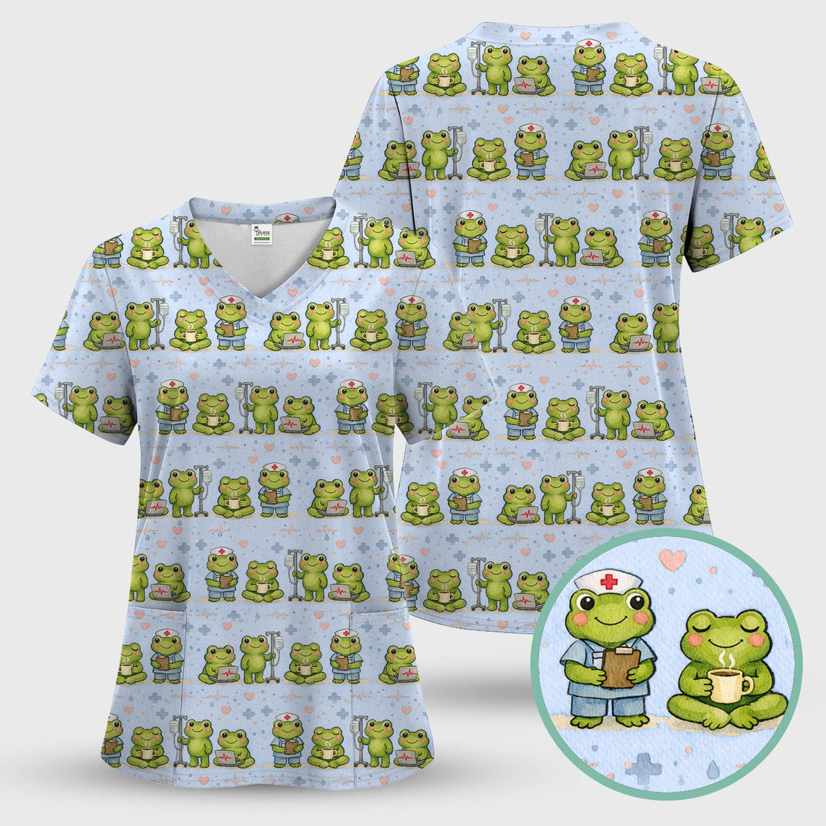 Adorable Frog Various Poses Nurse Scrub Set
