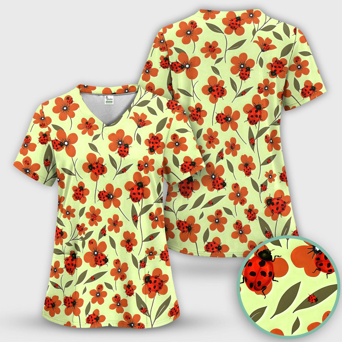 Ladybug Orange Floral Garden Nurse Scrub Set