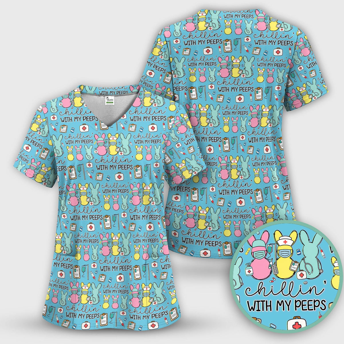 Bunny Nurse Chillin With My Peeps Scrub Top - Easter Gift