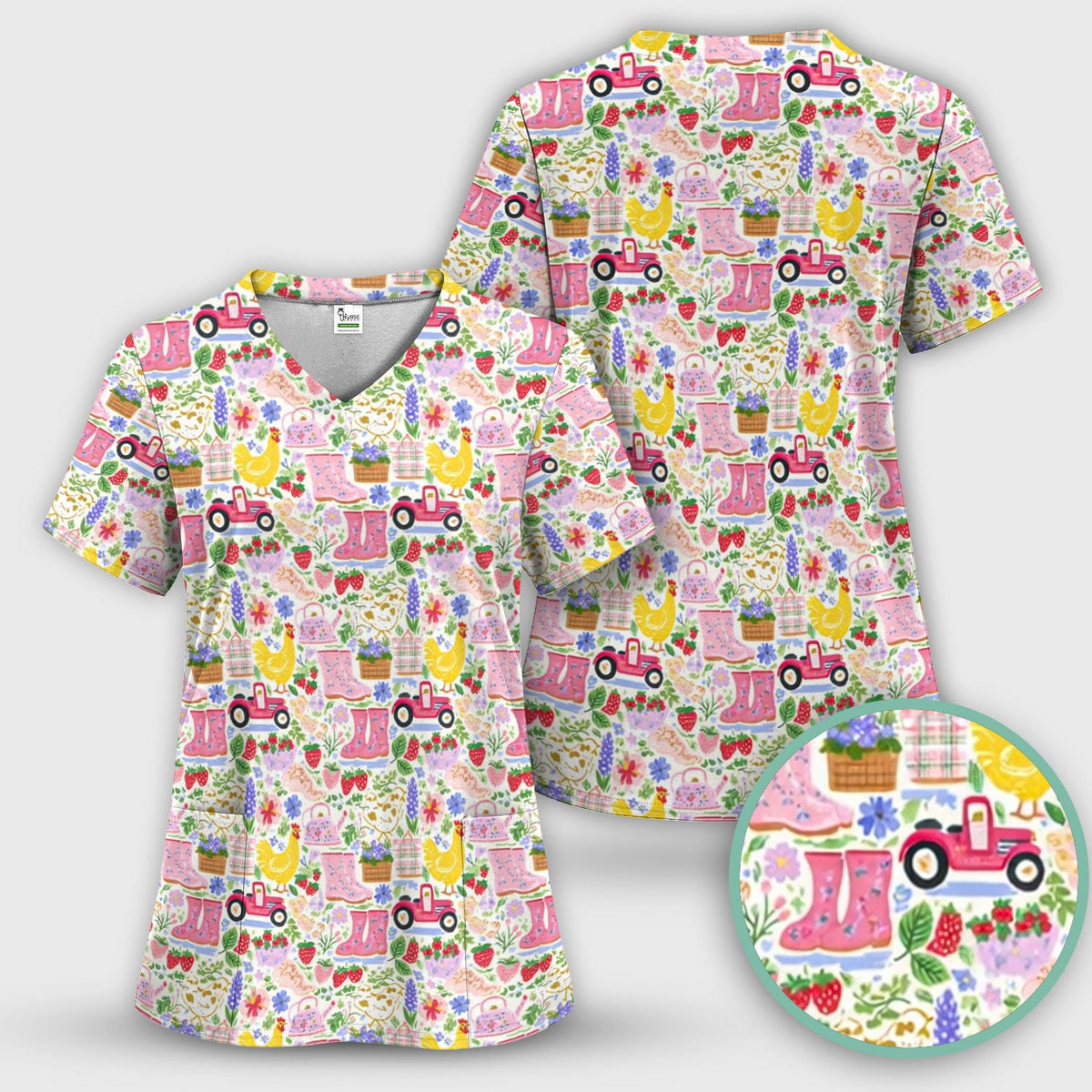 Floral Farm Boots Chicken Nurse Scrub Top