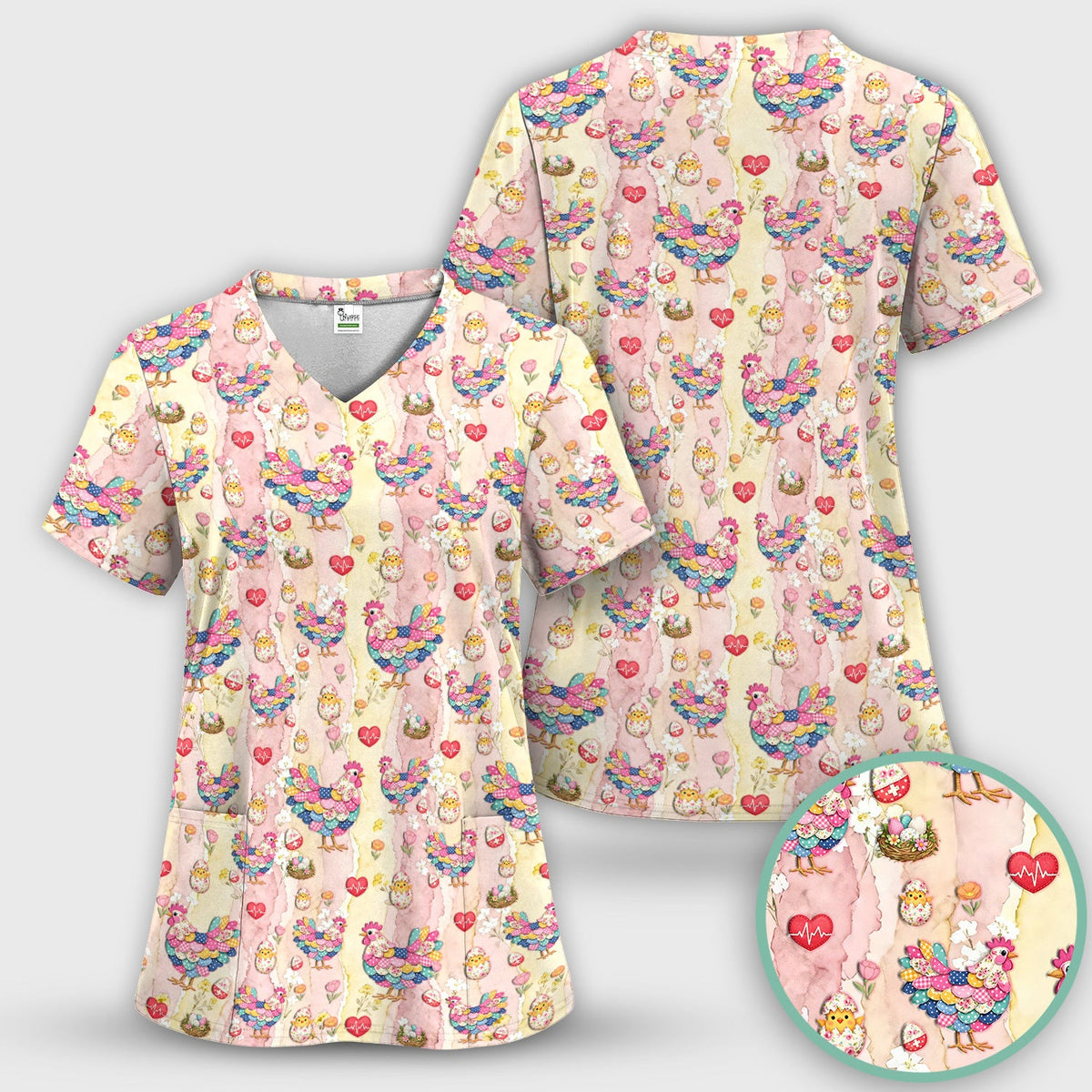 Colorful Chicken Easter Eggs Heart Nurse Scrub Set